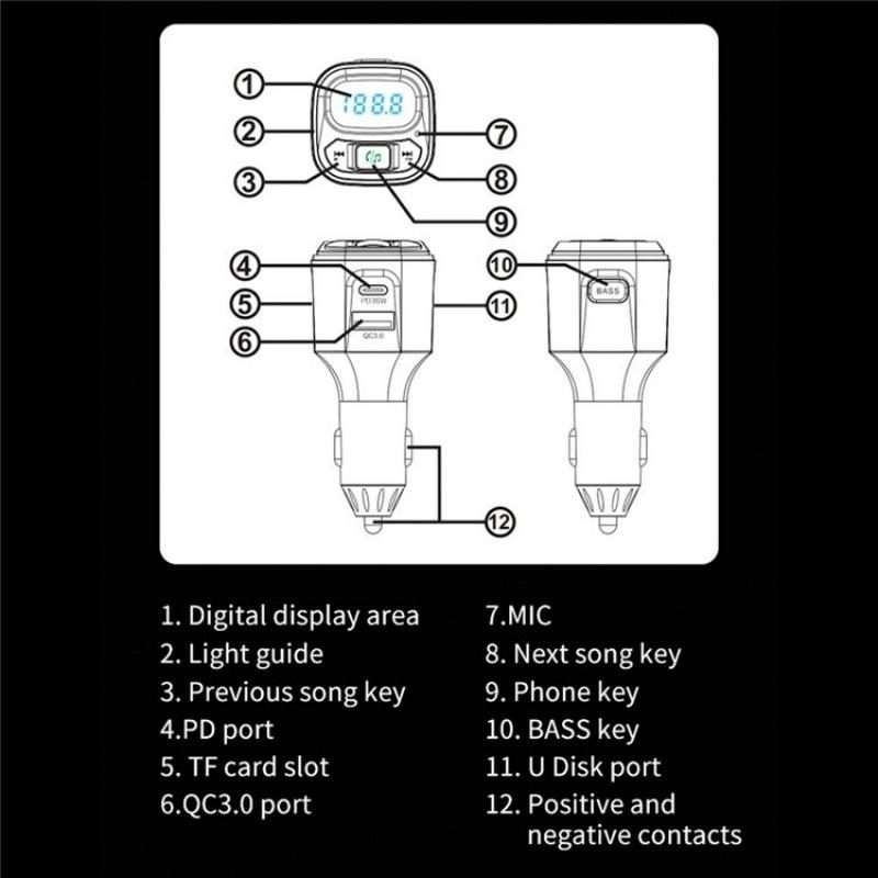 BC80 Hands-Free Calling Voltage Display Adapter Car Charger Bluetooth-Compatible MP3 Player