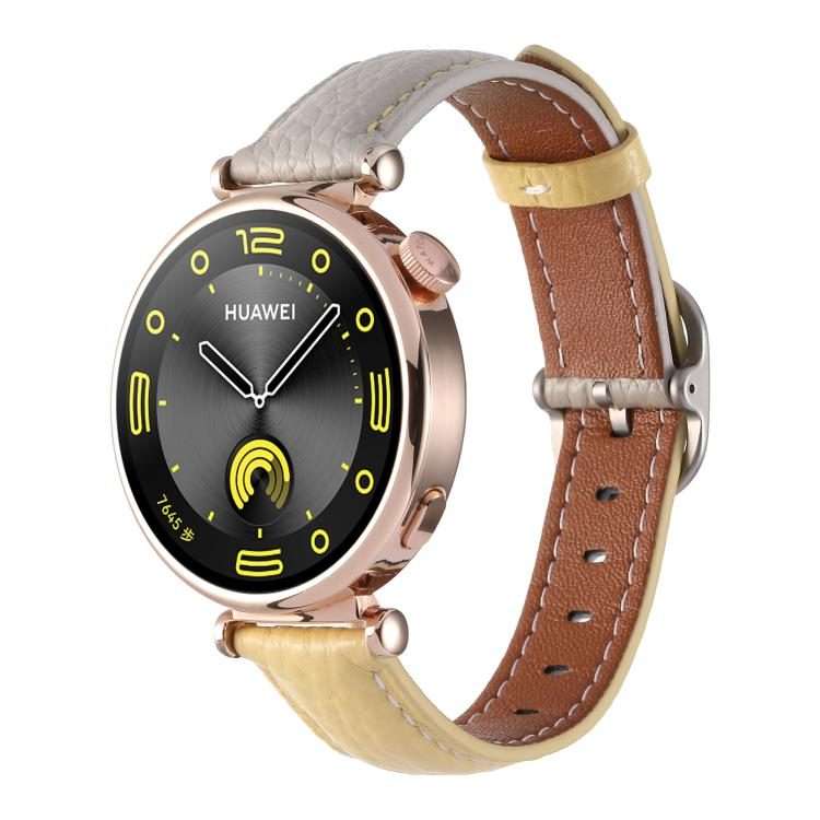 18mm Litchi Texture Square Buckle Genuine Leather Watch Band(Gray+Yellow)