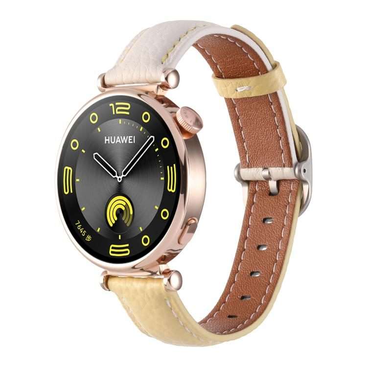 18mm Litchi Texture Square Buckle Genuine Leather Watch Band(White+Yellow)