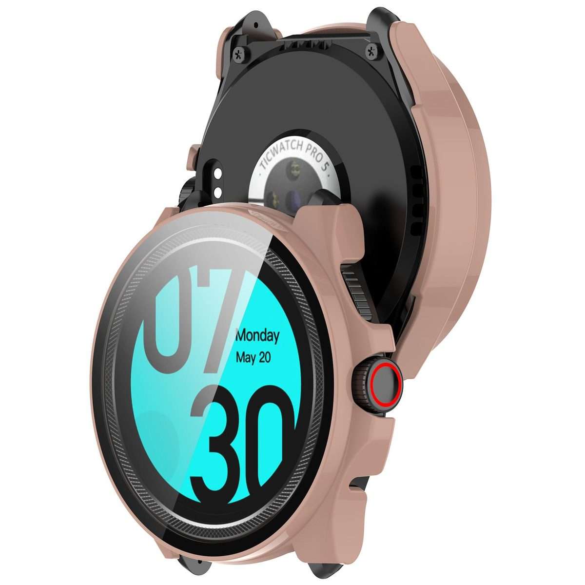 For Ticwatch Pro 5 Enduro Tempered Film Integrated PC Watch Protective Case(Cherry Pink)