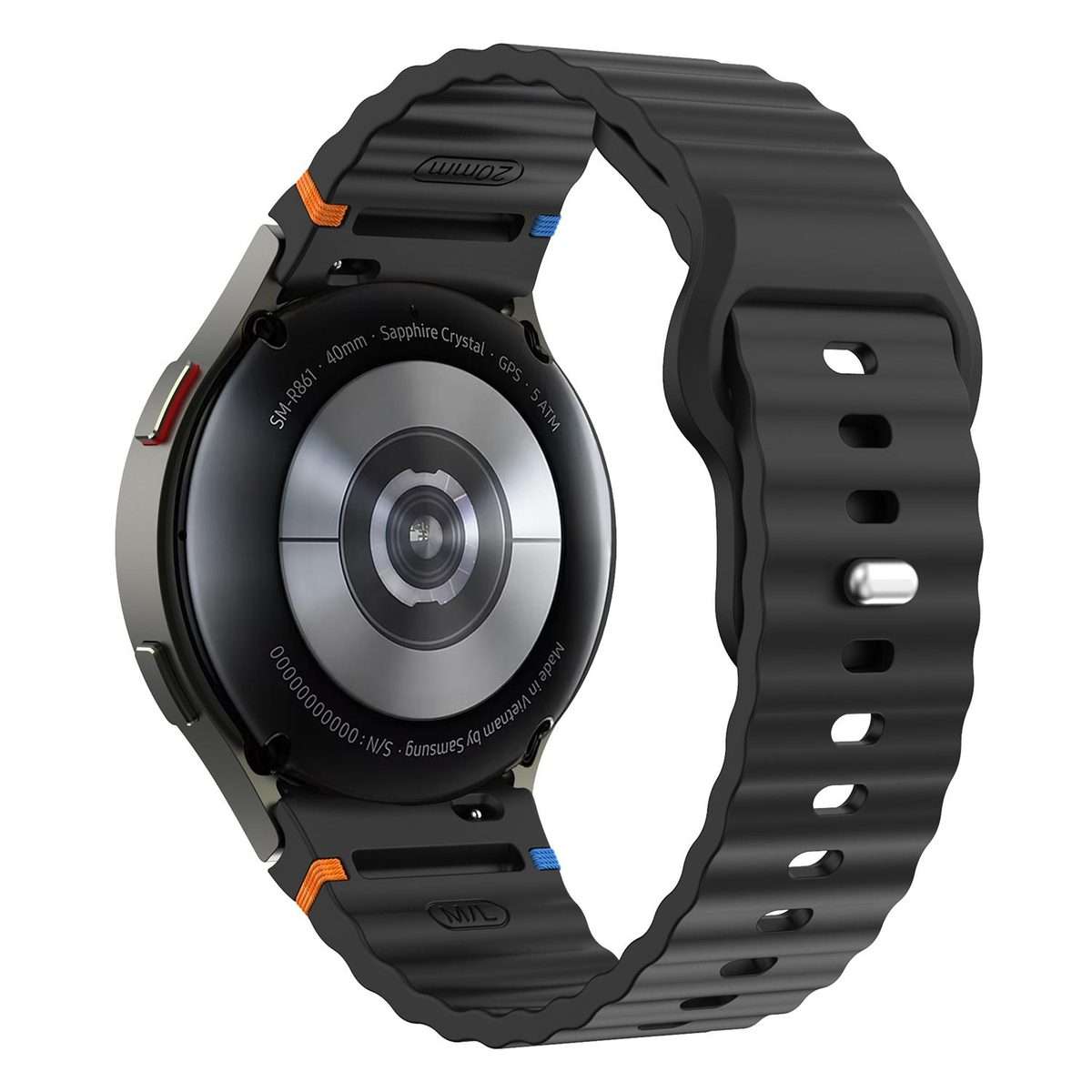 For Samsung Galaxy Watch 7 40mm / 44mm Wavy Grain Stitched Reverse Buckle 20mm Silicon ... (Black)