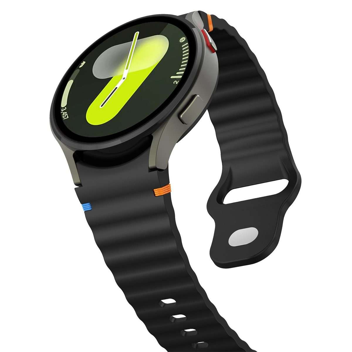 For Samsung Galaxy Watch 7 40mm / 44mm Wavy Grain Stitched Reverse Buckle 20mm Silicon ... (Black)