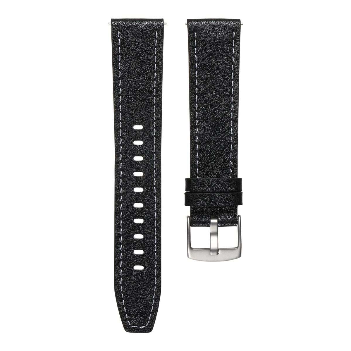 20mm Push Button Silver Steel Buckle Genuine Leather Watch Band(Black)