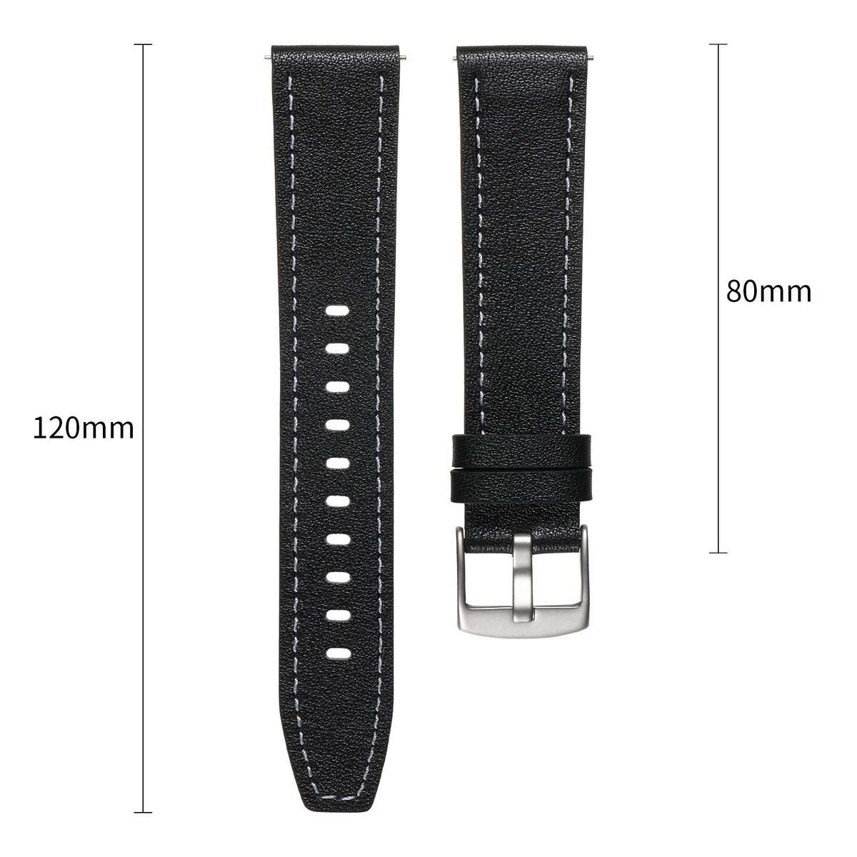 20mm Push Button Silver Steel Buckle Genuine Leather Watch Band(Black)