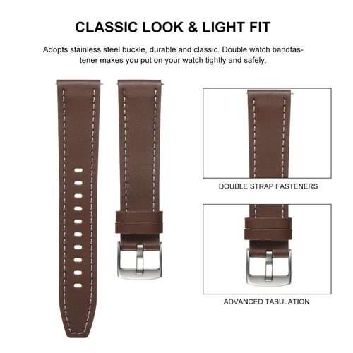 22mm Push Button Silver Steel Buckle Genuine Leather Watch Band(Beige)