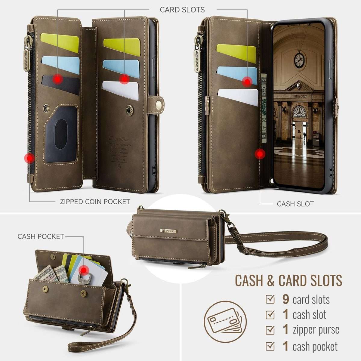 For iPhone 11 Pro Max CaseMe C39 RFID Blocking Zipper Wallet Leather Phone Case with ... (Coffee)