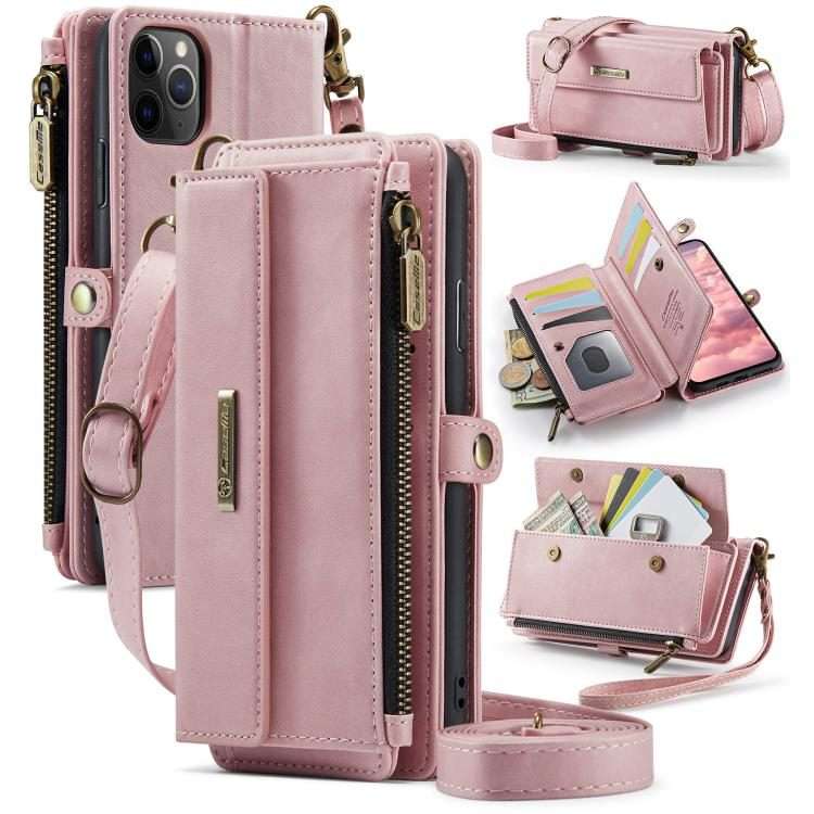 For iPhone 11 Pro CaseMe C39 RFID Blocking Zipper Wallet Leather Phone Case with Crossb ... (Pink)