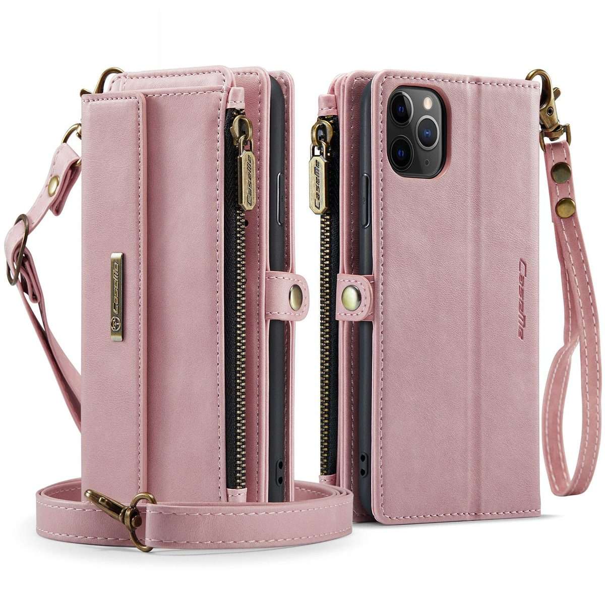 For iPhone 11 Pro CaseMe C39 RFID Blocking Zipper Wallet Leather Phone Case with Crossb ... (Pink)