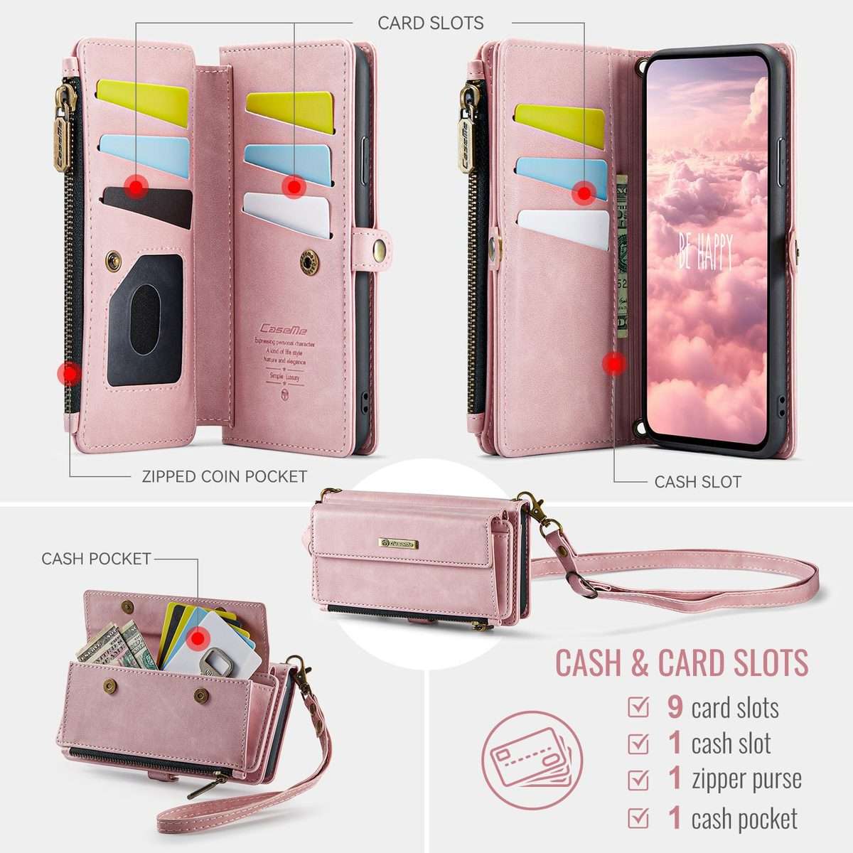 For iPhone 11 Pro CaseMe C39 RFID Blocking Zipper Wallet Leather Phone Case with Crossb ... (Pink)