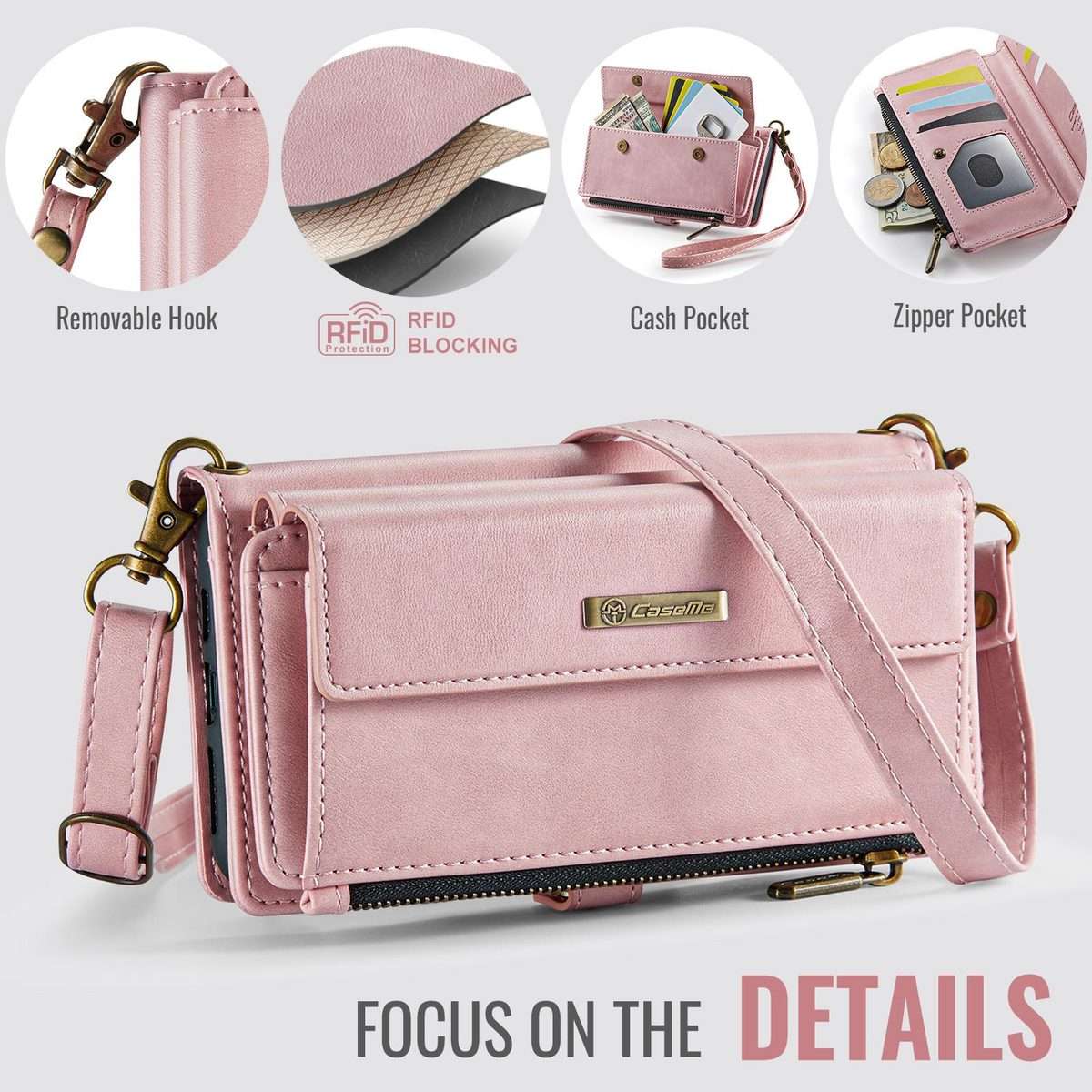 For iPhone 11 Pro CaseMe C39 RFID Blocking Zipper Wallet Leather Phone Case with Crossb ... (Pink)