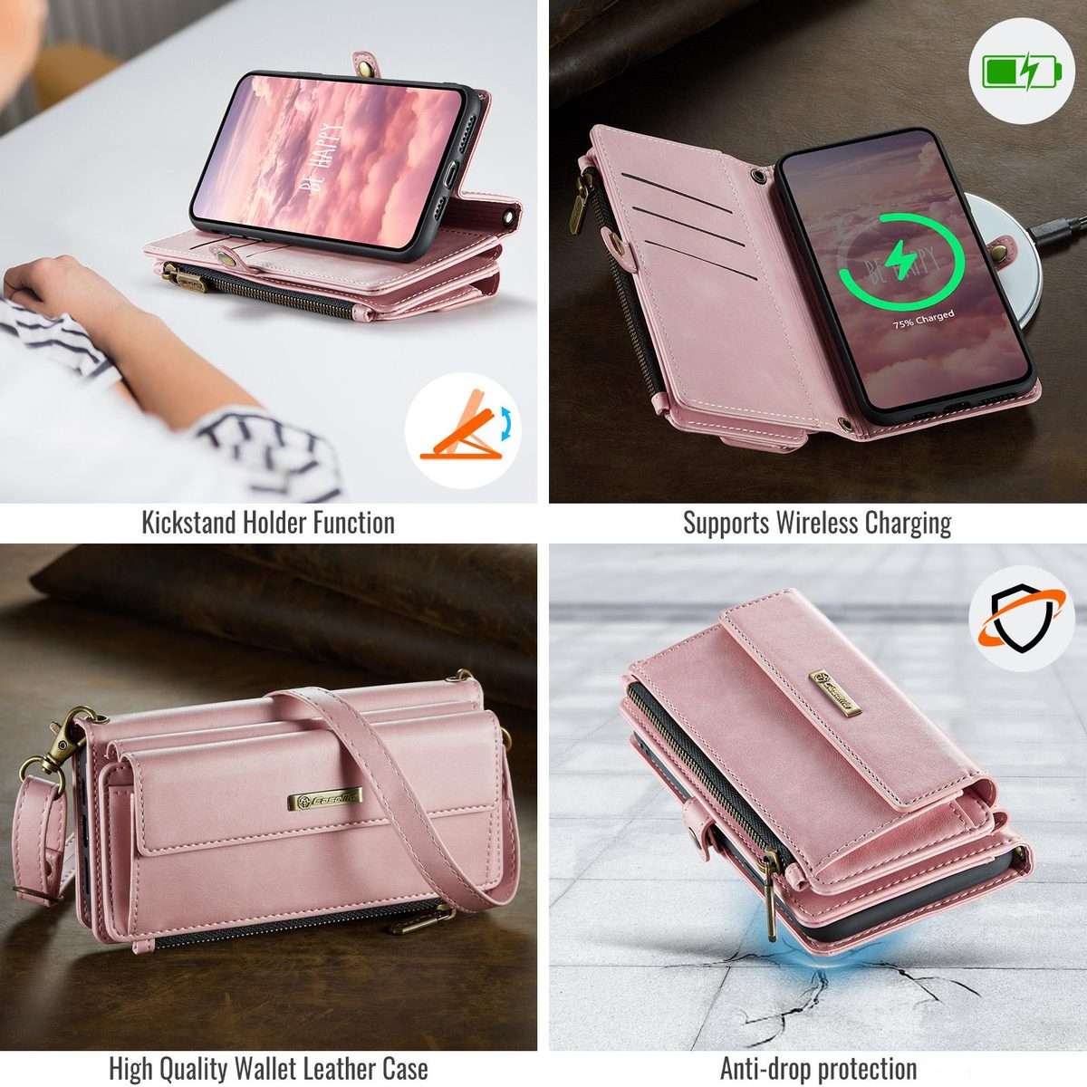 For iPhone 11 Pro CaseMe C39 RFID Blocking Zipper Wallet Leather Phone Case with Crossb ... (Pink)