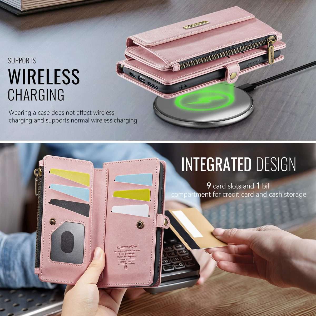 For iPhone 11 Pro CaseMe C39 RFID Blocking Zipper Wallet Leather Phone Case with Crossb ... (Pink)