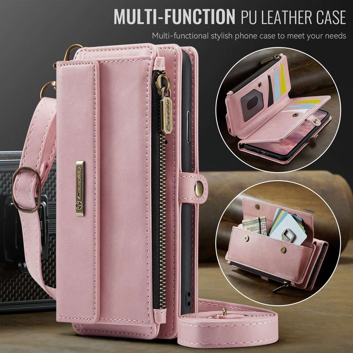 For iPhone 11 Pro CaseMe C39 RFID Blocking Zipper Wallet Leather Phone Case with Crossb ... (Pink)