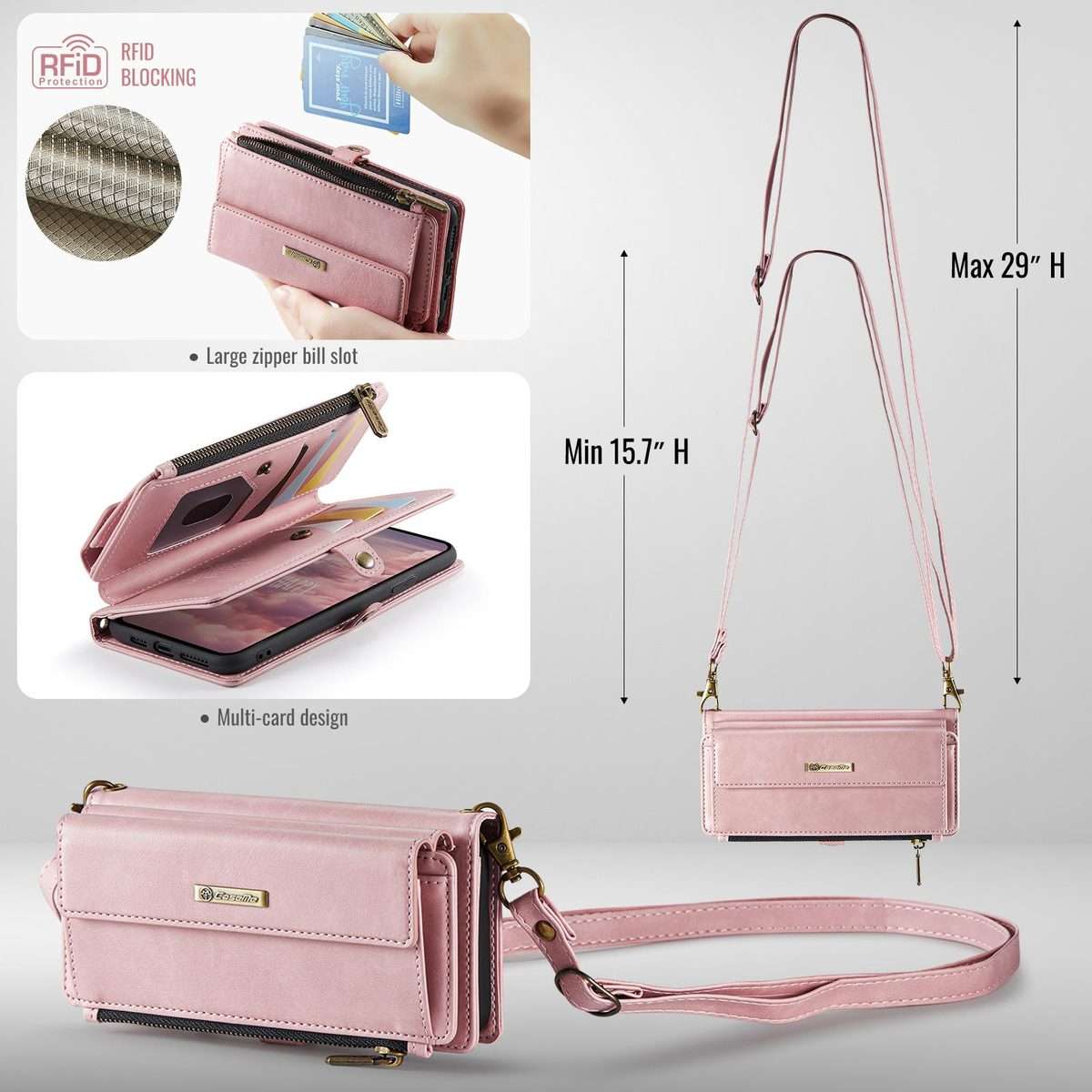 For iPhone 11 Pro CaseMe C39 RFID Blocking Zipper Wallet Leather Phone Case with Crossb ... (Pink)