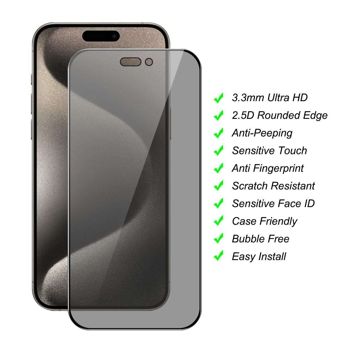 For iPhone 15 Pro Max JUNSUNMAY 25pcs Silk Print Full Coverage Privacy Tempered Glass Film