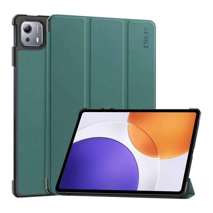 For Xiaomi Pad 7S Pro 12.5 ENKAY Tri-fold Custer Texture Leather Smart Tablet Case(Dark Green)