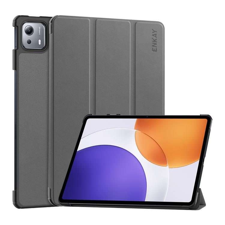 For Xiaomi Pad 7S Pro 12.5 ENKAY Tri-fold Custer Texture Leather Smart Tablet Case(Grey)