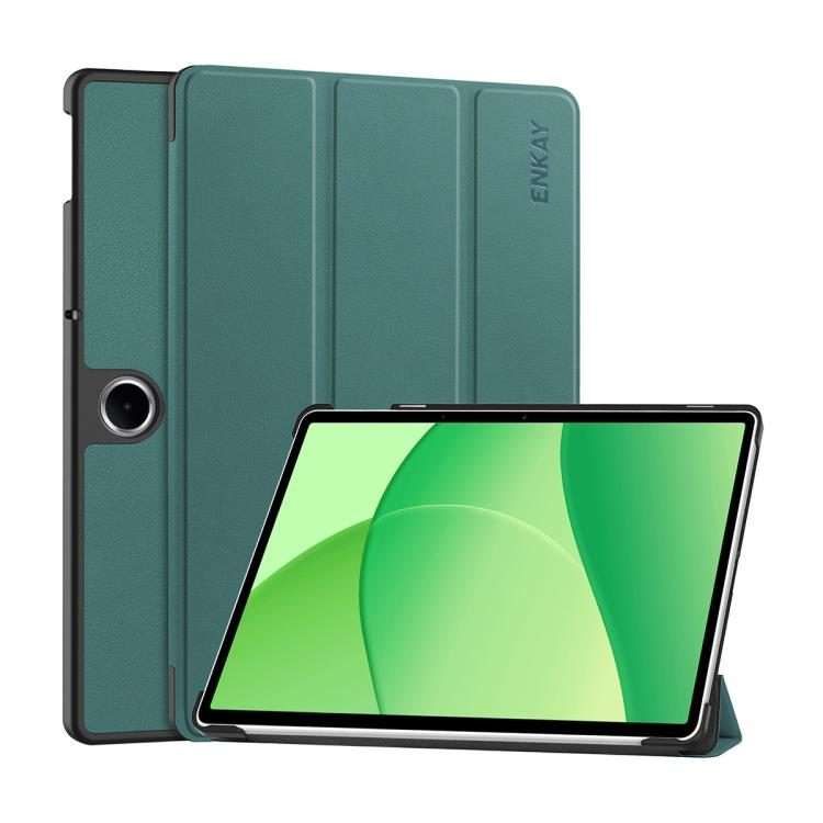For OPPO Pad SE 11.0 ENKAY Tri-fold Custer Texture Leather Smart Tablet Case(Dark Green)