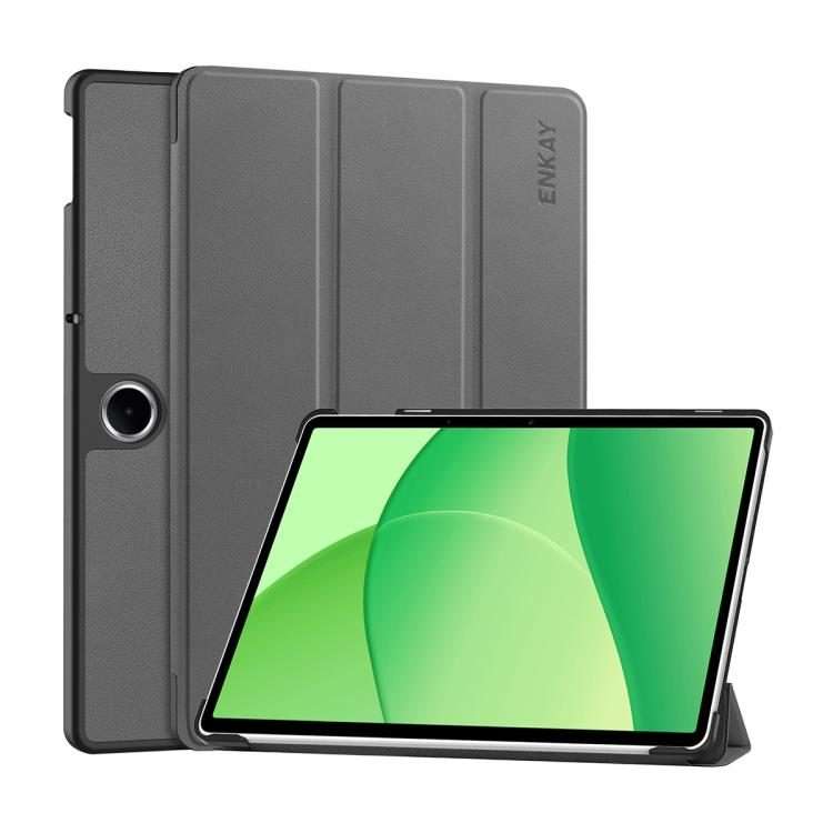 For OPPO Pad SE 11.0 ENKAY Tri-fold Custer Texture Leather Smart Tablet Case(Grey)