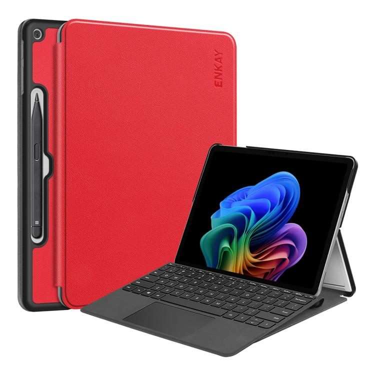 For Microsoft Surface Pro 12 2025 ENKAY Tri-fold Custer Texture Voltage Leather Stand Ta ... (Red)