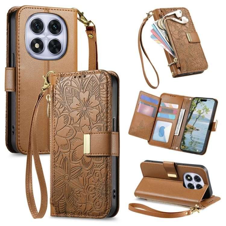 For Redmi Note 14 Pro+ 5G Flowers Leaves Zipper Wallet Leather Phone Case with Strap(Brown)