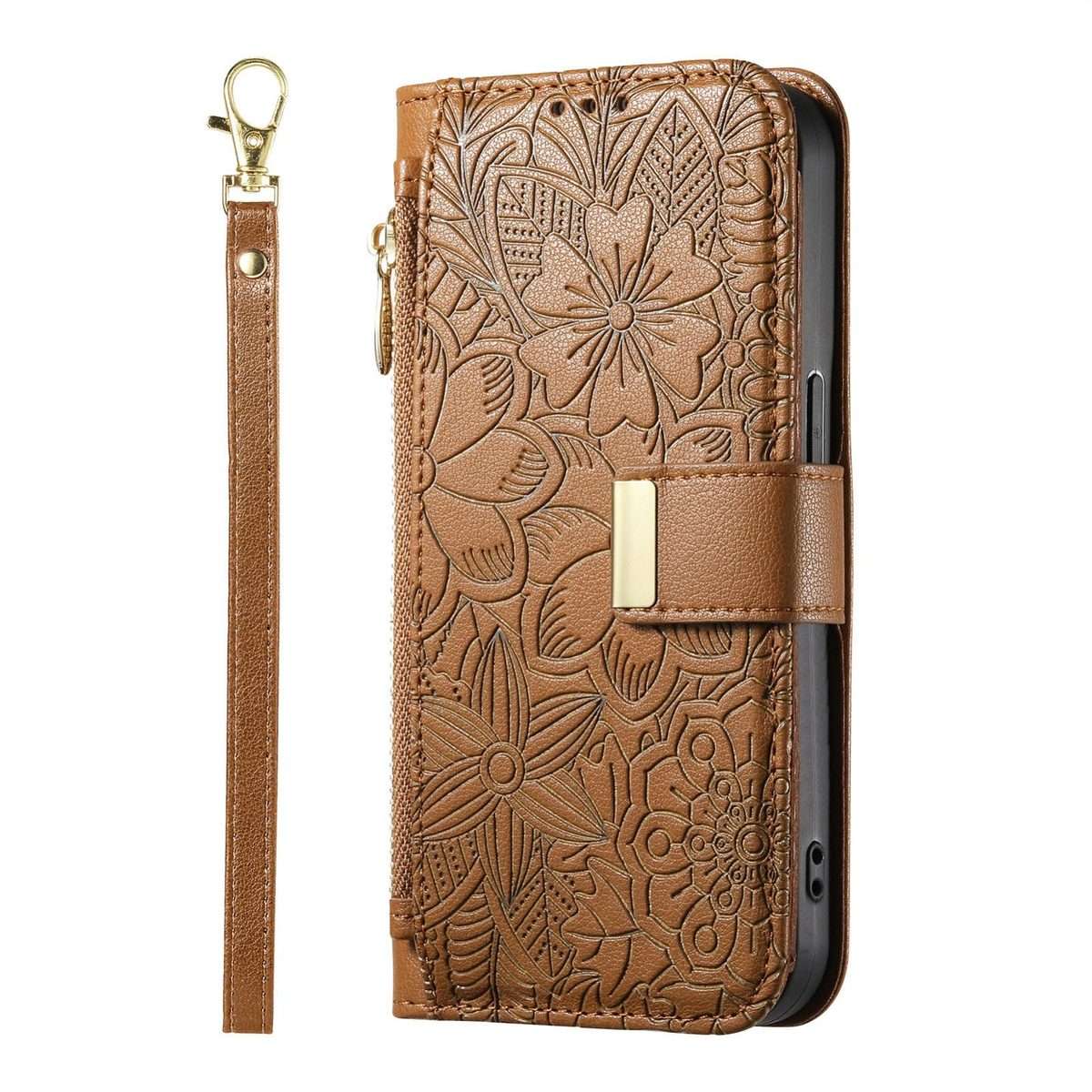 For Redmi Note 14 Pro+ 5G Flowers Leaves Zipper Wallet Leather Phone Case with Strap(Brown)