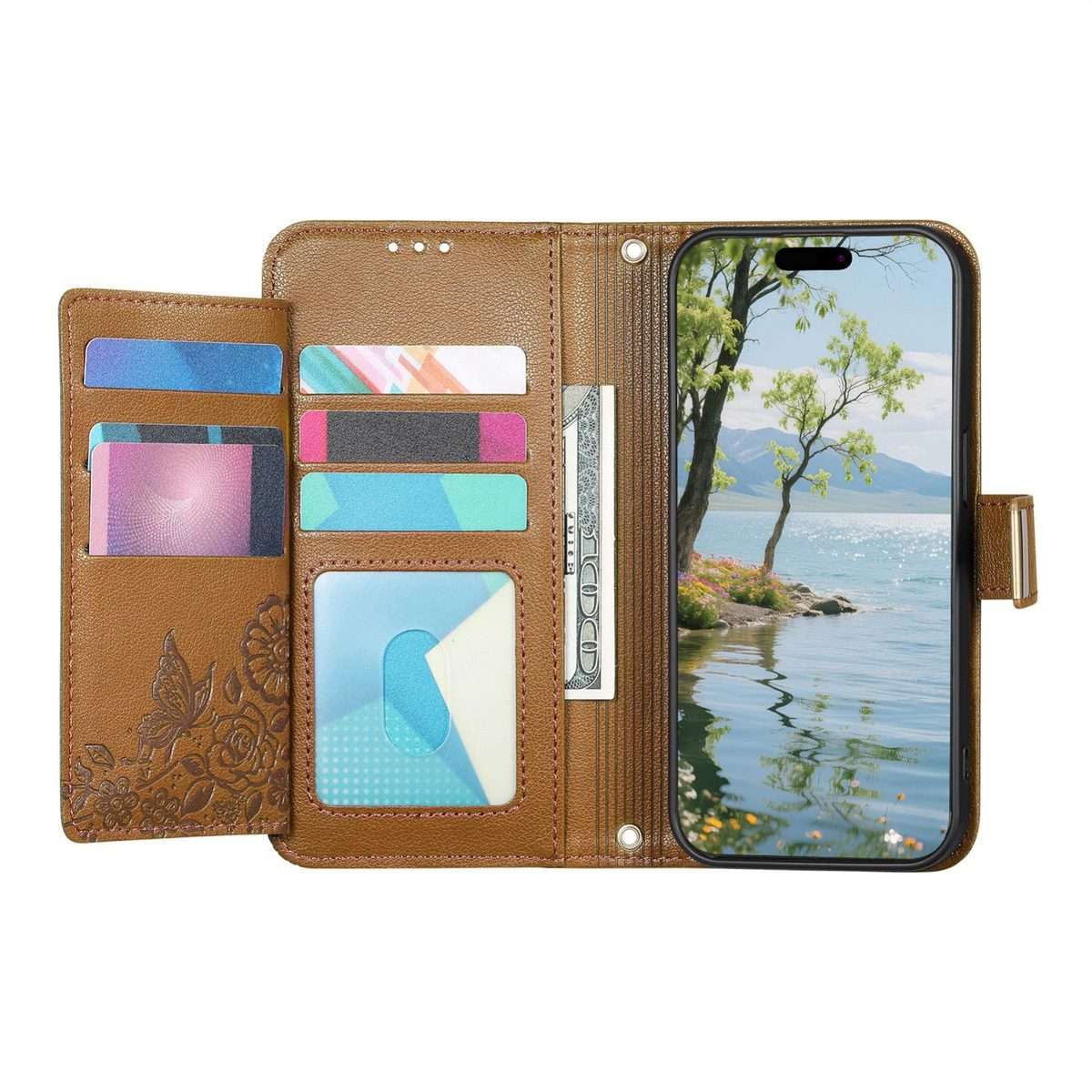 For Redmi Note 14 Pro+ 5G Flowers Leaves Zipper Wallet Leather Phone Case with Strap(Brown)