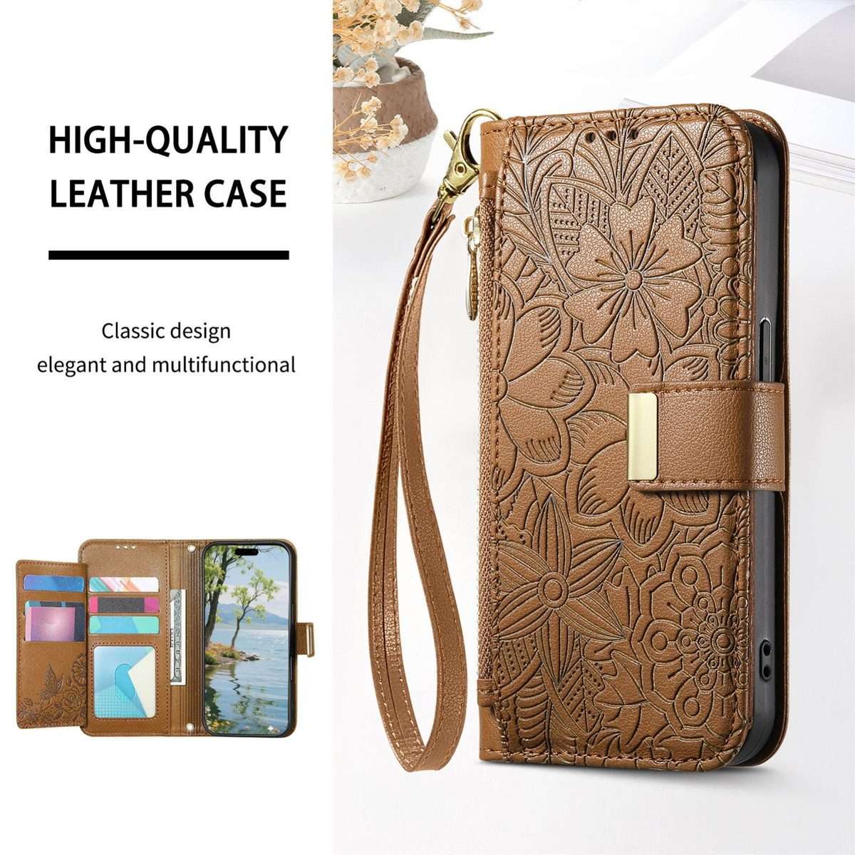 For Redmi Note 14 Pro+ 5G Flowers Leaves Zipper Wallet Leather Phone Case with Strap(Brown)
