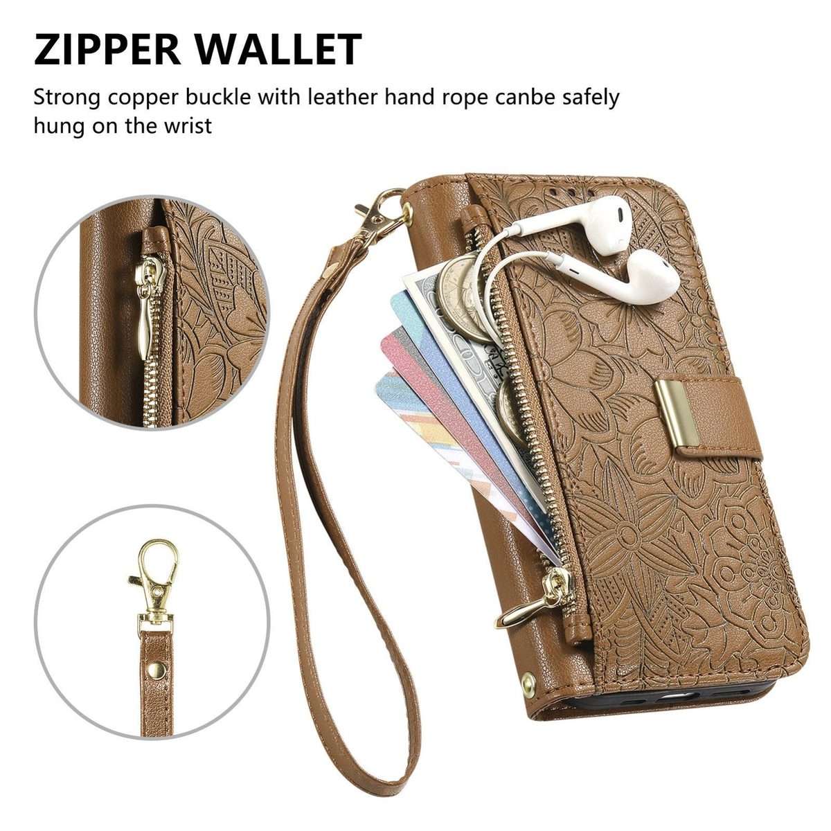 For Redmi Note 14 Pro+ 5G Flowers Leaves Zipper Wallet Leather Phone Case with Strap(Brown)