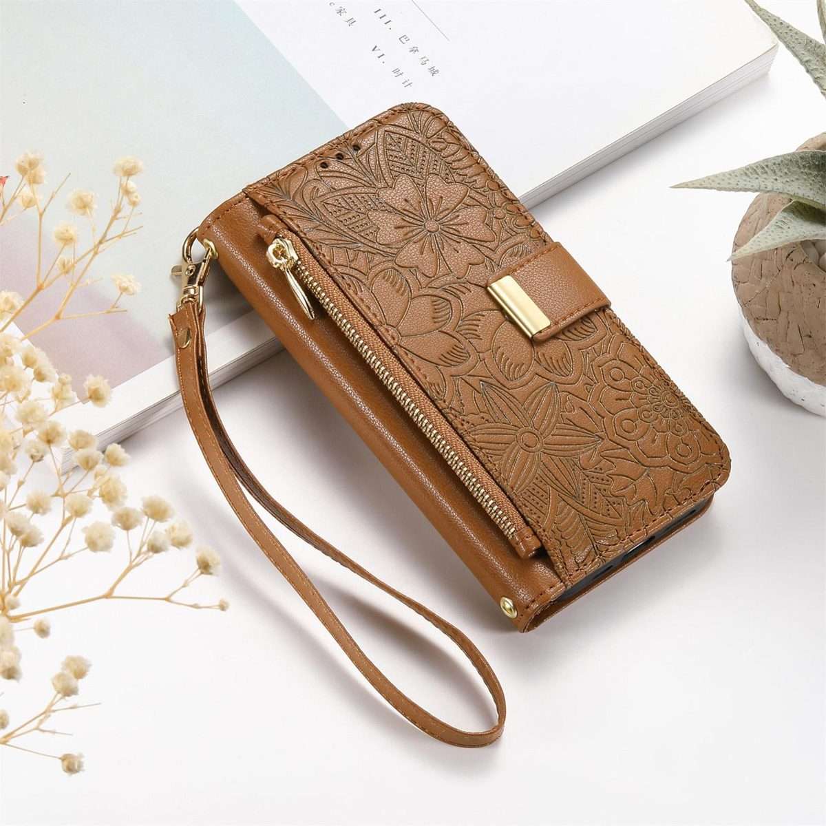 For Redmi Note 14 Pro+ 5G Flowers Leaves Zipper Wallet Leather Phone Case with Strap(Brown)