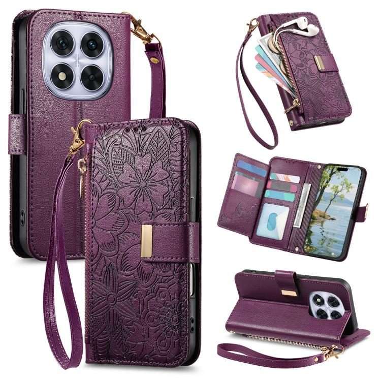 For Redmi Note 14 Pro+ 5G Flowers Leaves Zipper Wallet Leather Phone Case with Strap(Purple)
