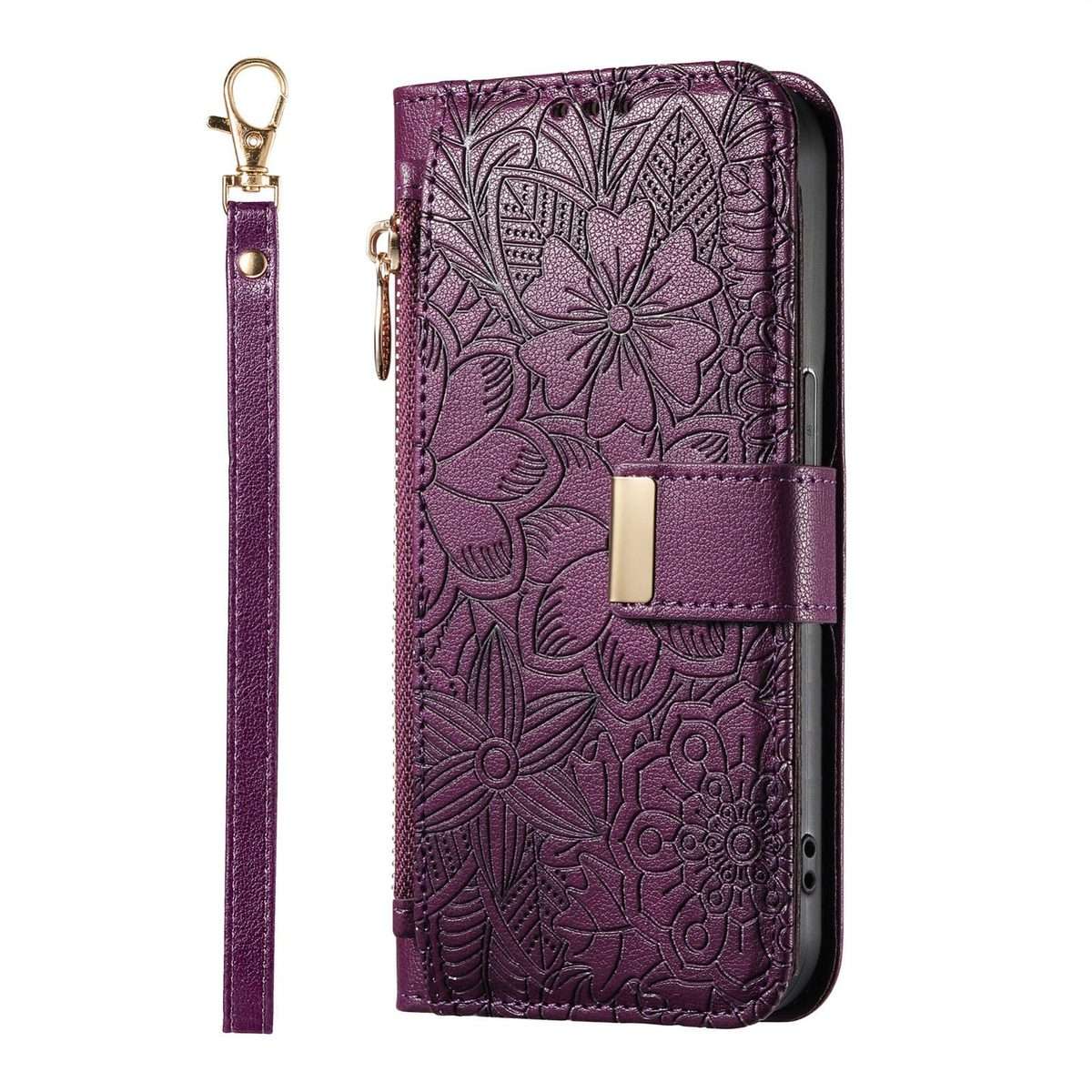For Redmi Note 14 Pro+ 5G Flowers Leaves Zipper Wallet Leather Phone Case with Strap(Purple)