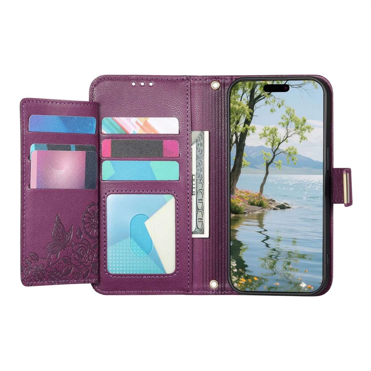 For Redmi Note 14 Pro+ 5G Flowers Leaves Zipper Wallet Leather Phone Case with Strap(Purple)