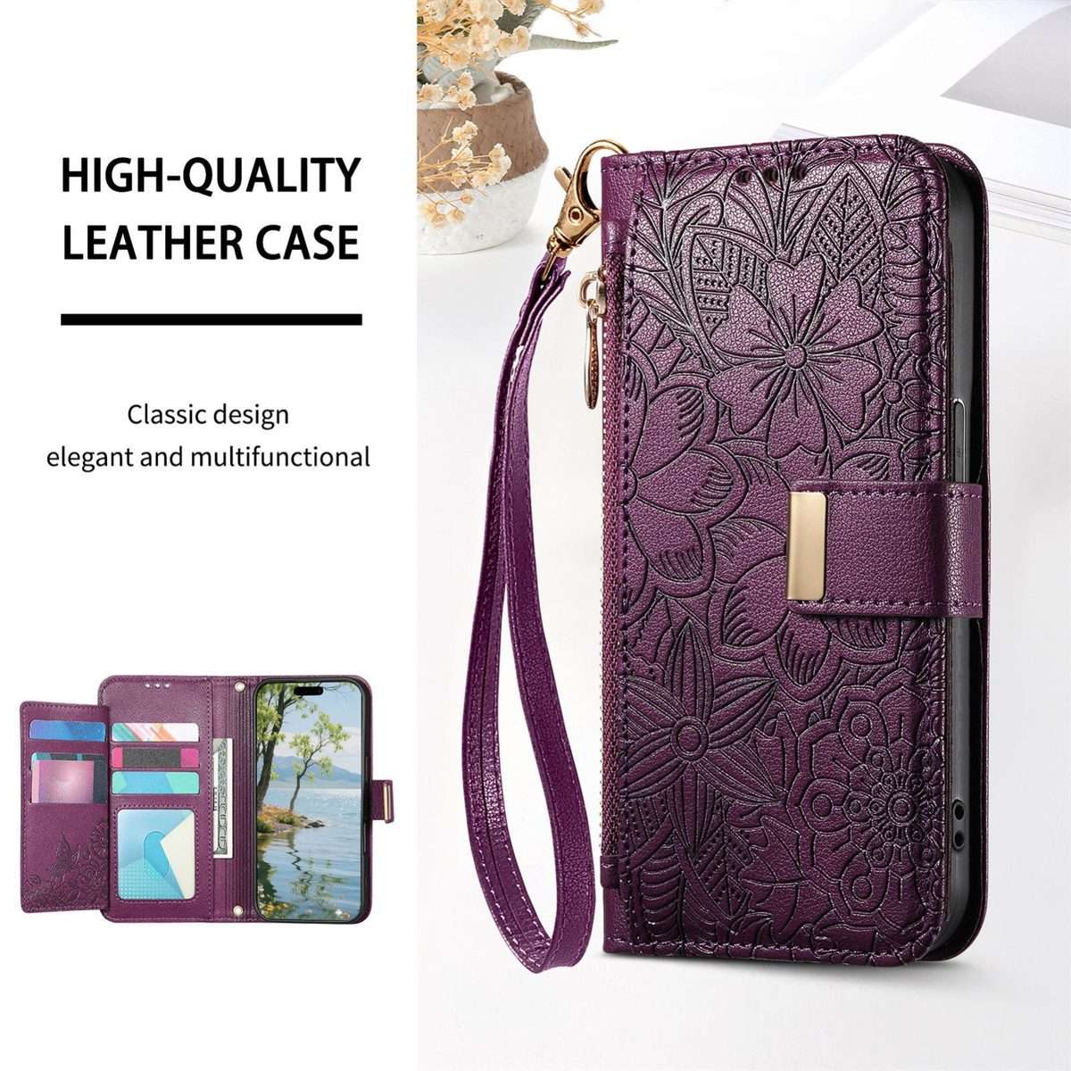 For Redmi Note 14 Pro+ 5G Flowers Leaves Zipper Wallet Leather Phone Case with Strap(Purple)