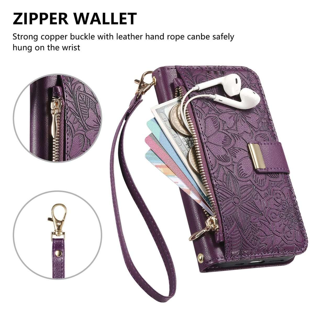 For Redmi Note 14 Pro+ 5G Flowers Leaves Zipper Wallet Leather Phone Case with Strap(Purple)