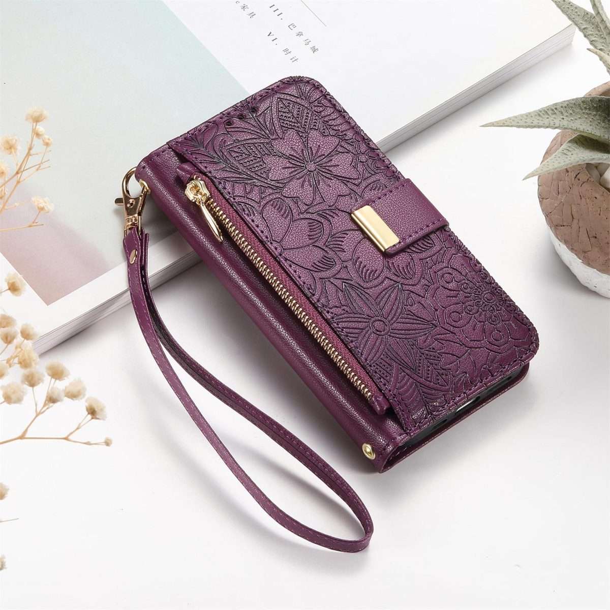 For Redmi Note 14 Pro+ 5G Flowers Leaves Zipper Wallet Leather Phone Case with Strap(Purple)