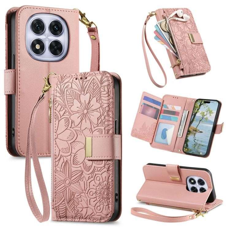 For Redmi Note 14 Pro+ 5G Flowers Leaves Zipper Wallet Leather Phone Case with Strap(Pink)