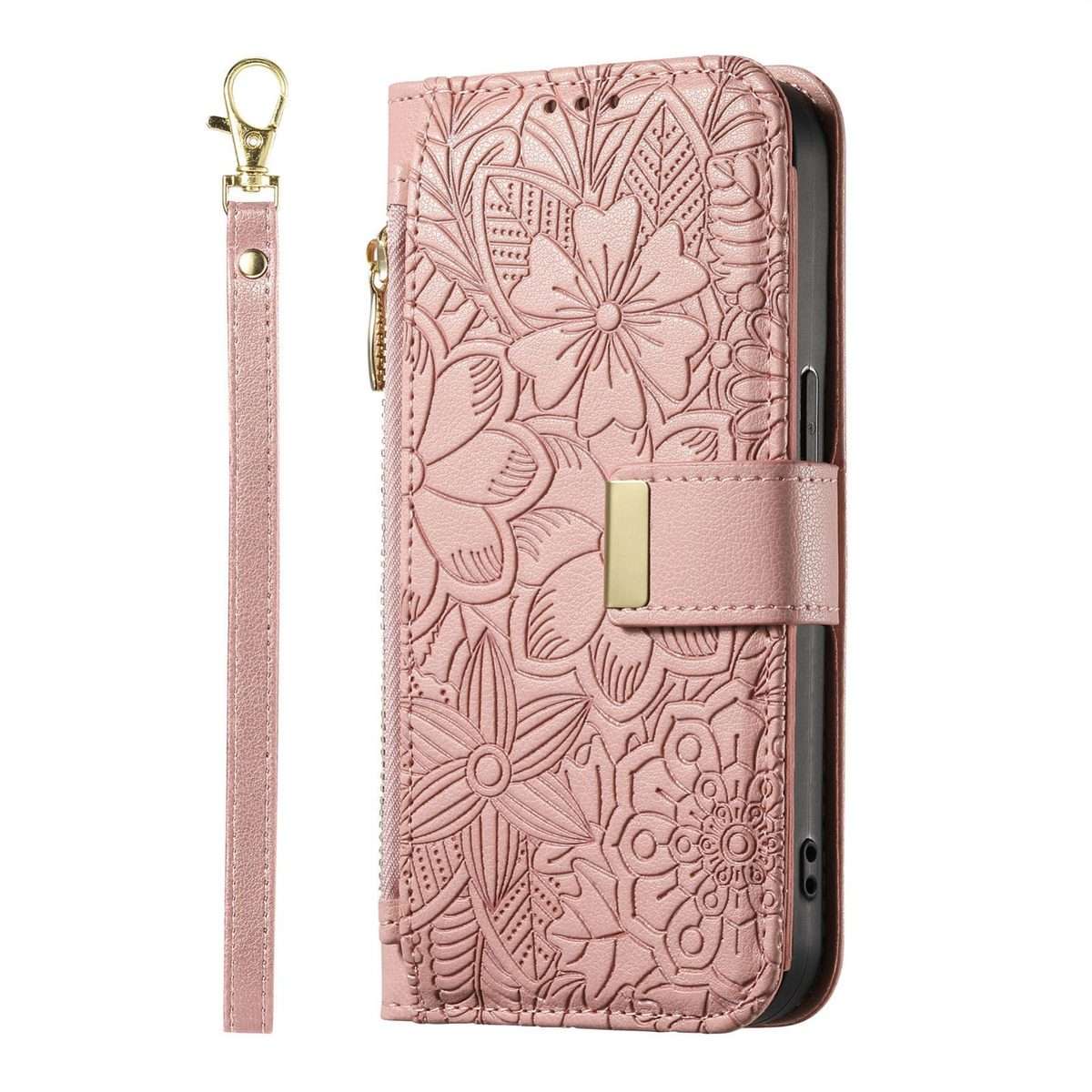 For Redmi Note 14 Pro+ 5G Flowers Leaves Zipper Wallet Leather Phone Case with Strap(Pink)