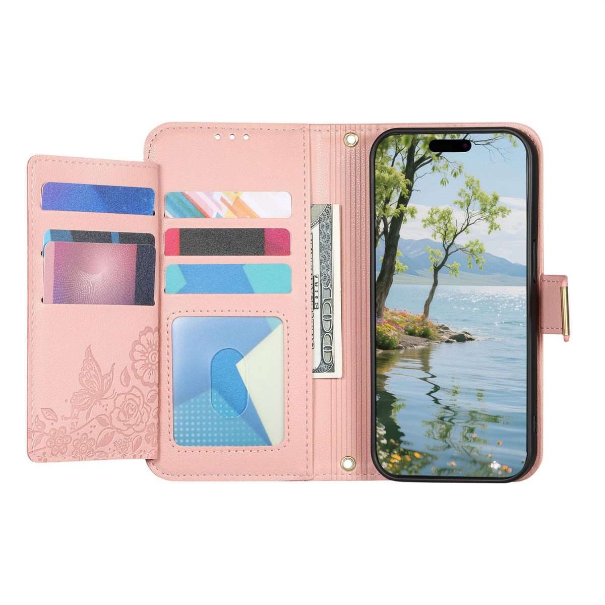 For Redmi Note 14 Pro+ 5G Flowers Leaves Zipper Wallet Leather Phone Case with Strap(Pink)