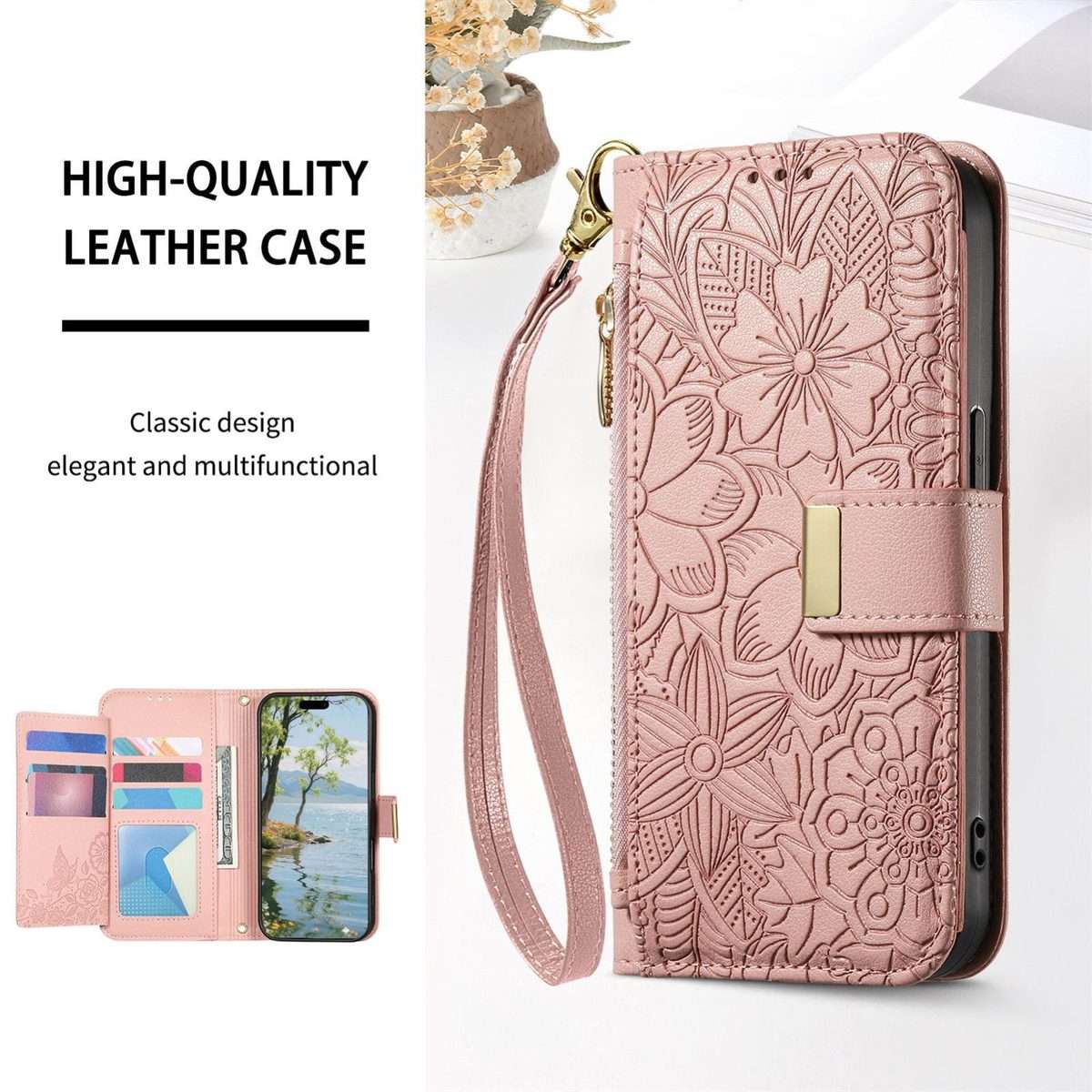 For Redmi Note 14 Pro+ 5G Flowers Leaves Zipper Wallet Leather Phone Case with Strap(Pink)