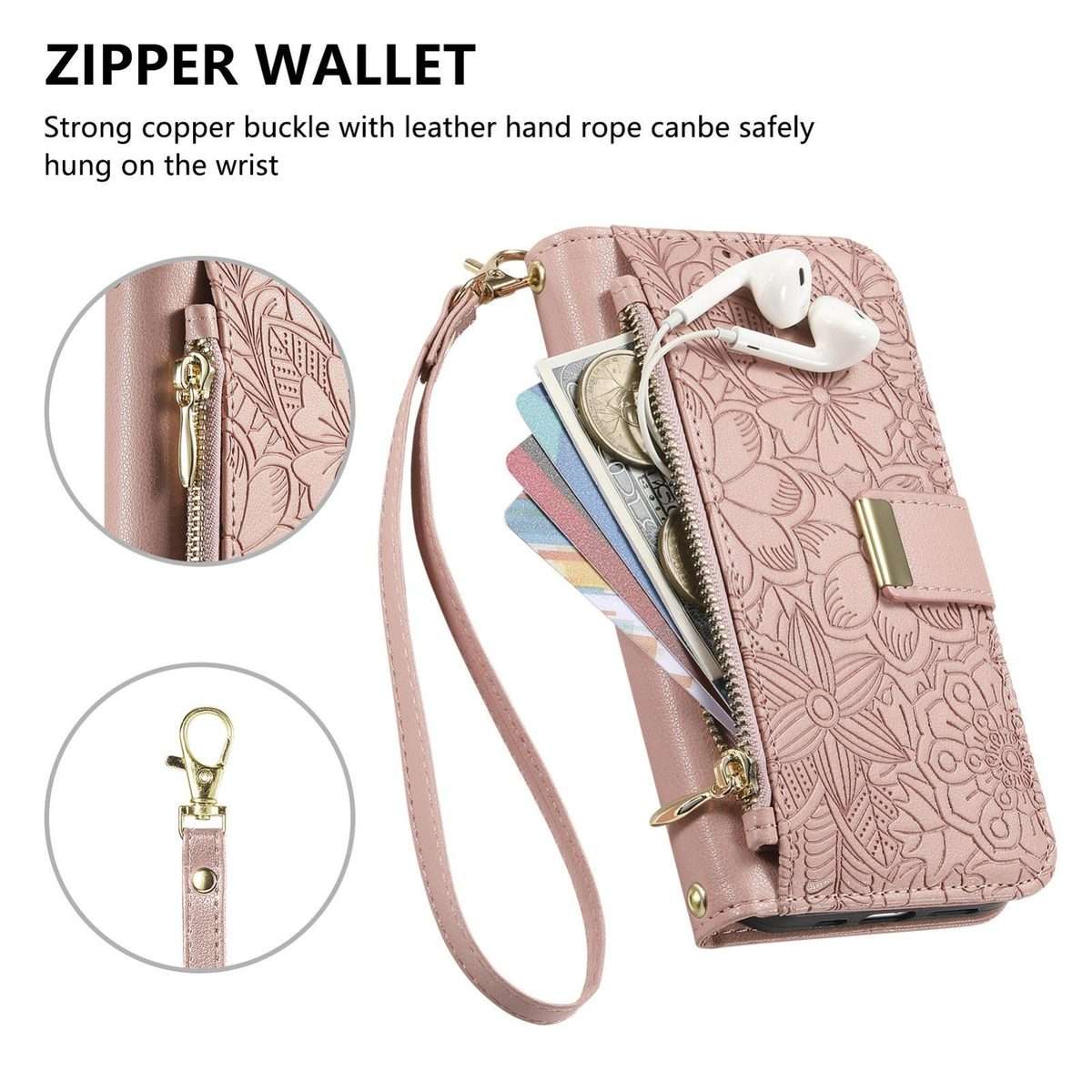 For Redmi Note 14 Pro+ 5G Flowers Leaves Zipper Wallet Leather Phone Case with Strap(Pink)