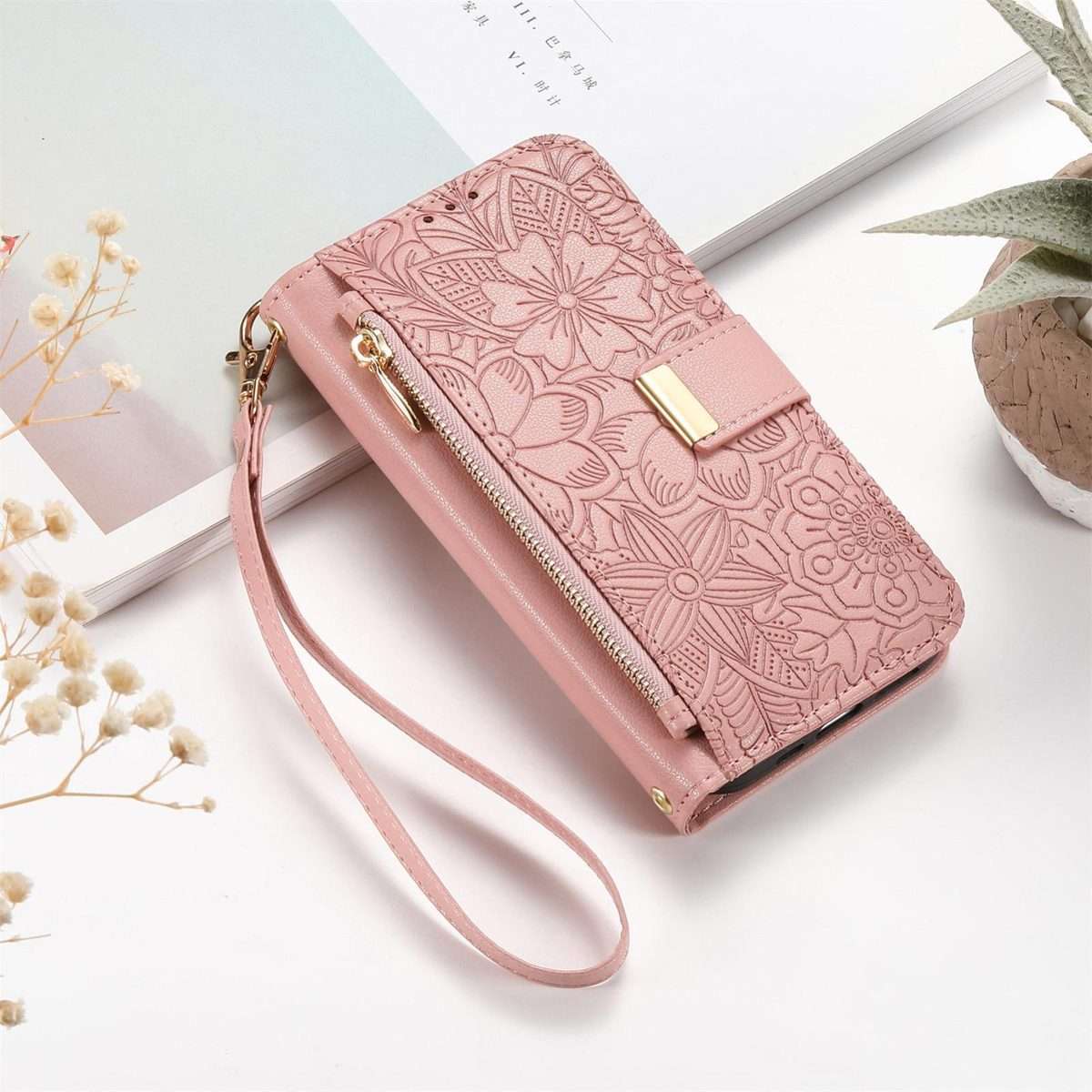 For Redmi Note 14 Pro+ 5G Flowers Leaves Zipper Wallet Leather Phone Case with Strap(Pink)