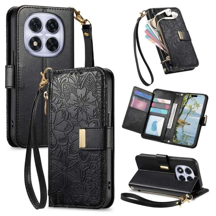 For Redmi Note 14 Pro+ 5G Flowers Leaves Zipper Wallet Leather Phone Case with Strap(Black)