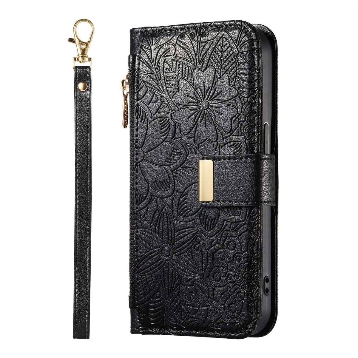 For Redmi Note 14 Pro+ 5G Flowers Leaves Zipper Wallet Leather Phone Case with Strap(Black)
