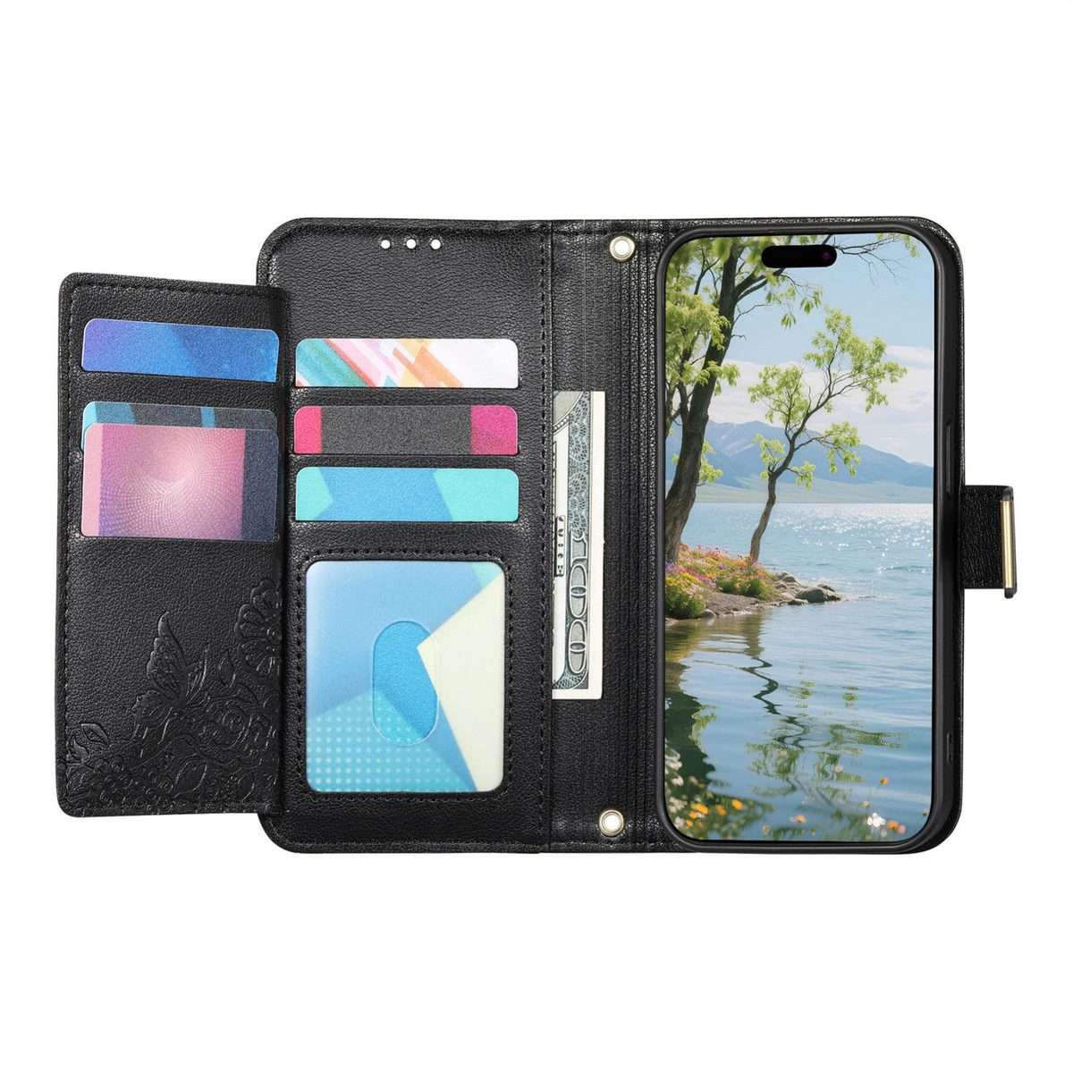 For Redmi Note 14 Pro+ 5G Flowers Leaves Zipper Wallet Leather Phone Case with Strap(Black)