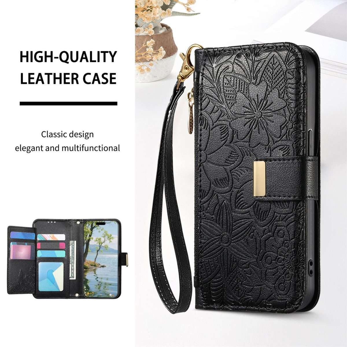 For Redmi Note 14 Pro+ 5G Flowers Leaves Zipper Wallet Leather Phone Case with Strap(Black)