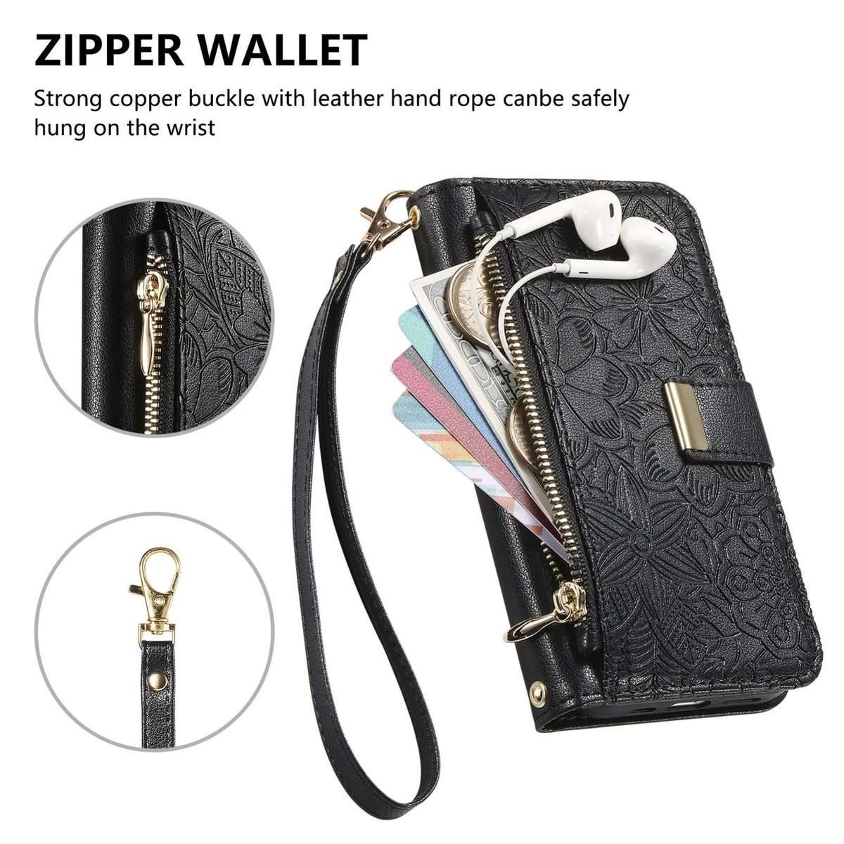 For Redmi Note 14 Pro+ 5G Flowers Leaves Zipper Wallet Leather Phone Case with Strap(Black)