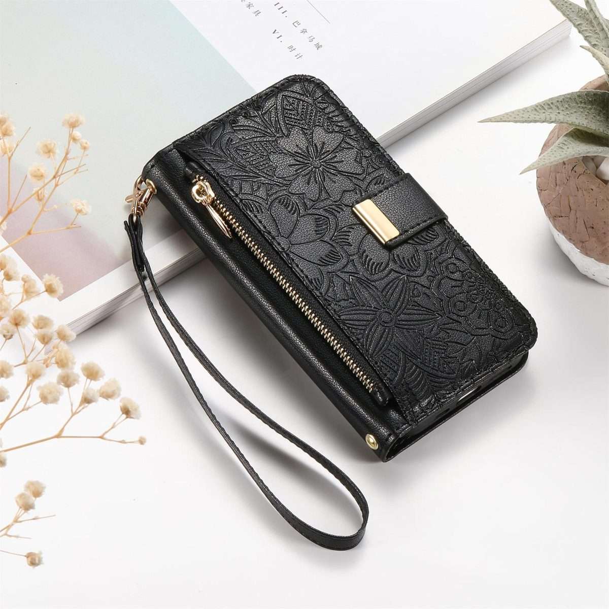 For Redmi Note 14 Pro+ 5G Flowers Leaves Zipper Wallet Leather Phone Case with Strap(Black)
