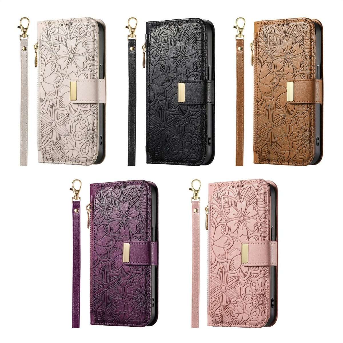 For Redmi Note 14 Pro+ 5G Flowers Leaves Zipper Wallet Leather Phone Case with Strap(Black)