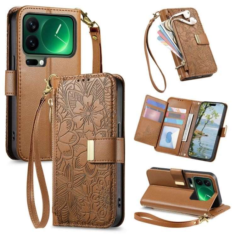 For Xiaomi 17 Pro Max Flowers Leaves Zipper Wallet Leather Phone Case with Strap(Brown)